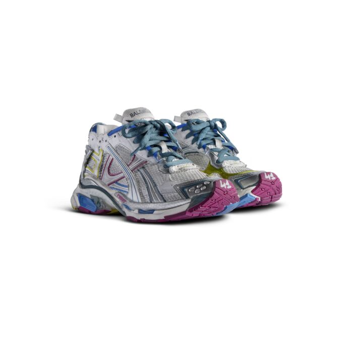 Leather free Sneaker Mesh and nylon Worn-out effect Printed size at the edge of the toe Debossed size at back Runner logo printed on exterior Balenciaga logo embroidered on the tongue Balenciaga logo at the back of the heel Back pull-on tab Made in China Upper: polyurethane, polyester – Sole: rubber, TPU, EVA, polyurethane – Insole: foam
